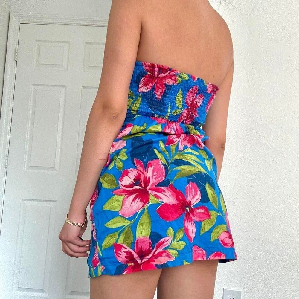 Hollister Bright Blue Strapless Floral Mini Dress with Pink & Green
